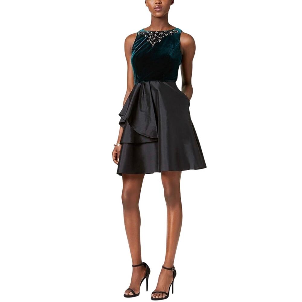 Adrianna Papell Green & Black Cocktail Dress Beaded Velvet Fit and Flare Size 14